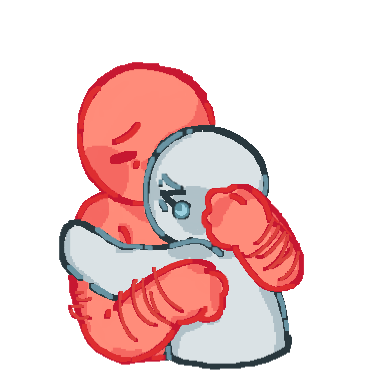 A ms paint style drawing of a red person hugging a grey person to comfort them. the grey person is crying into the red persons shoulder.